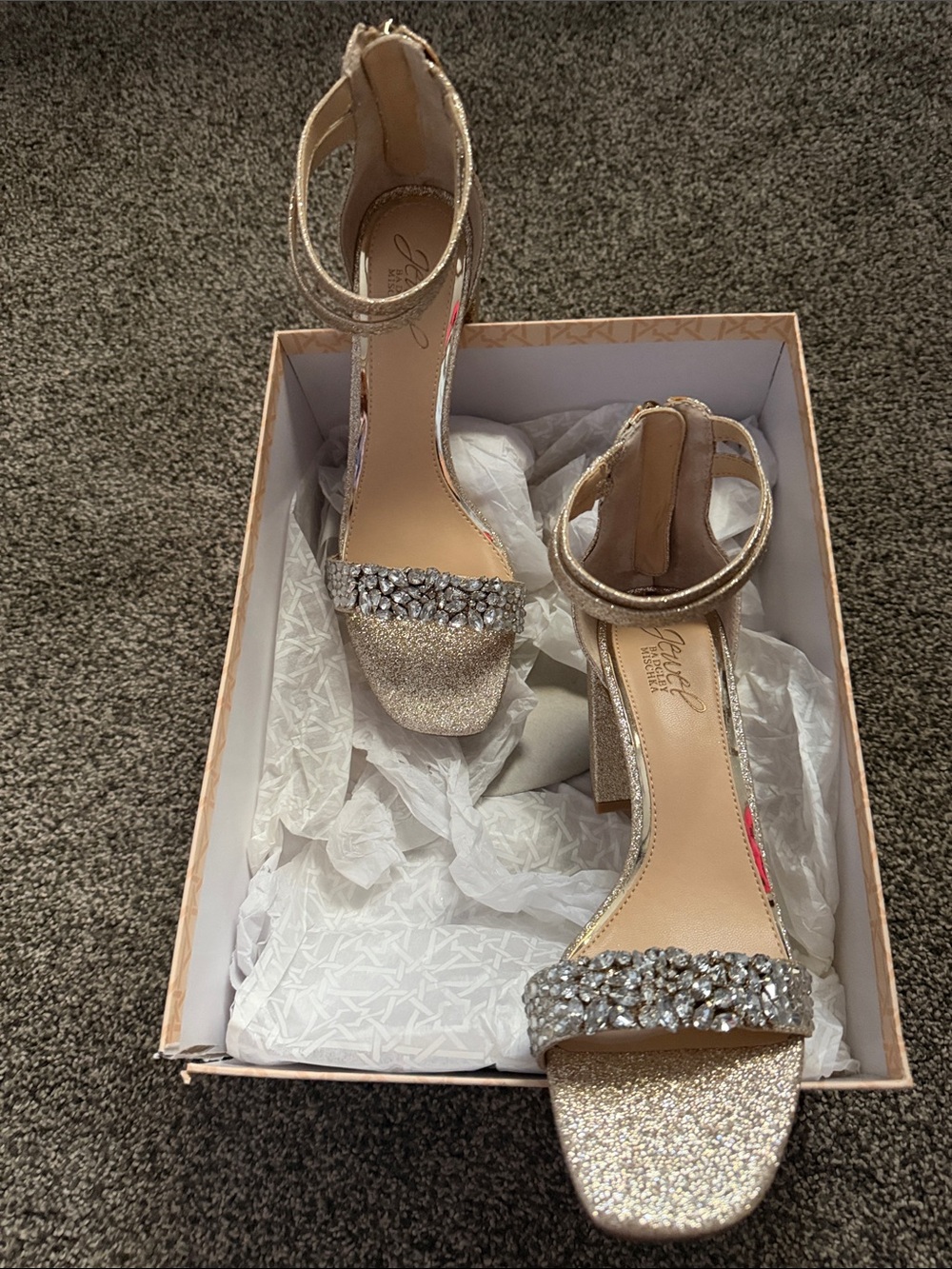 Jewel Badgley Mischka Gold Glitter Block Heel Sandals with Crystal Toe Strap